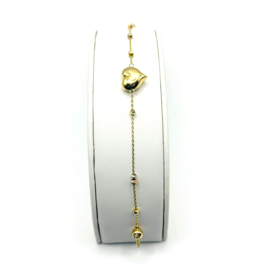 Puffy Heart with Beads Bracelet in 14K Gold