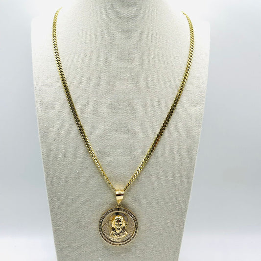 Cuban Link Chain with Jesus Medal Pendant in 14K Gold