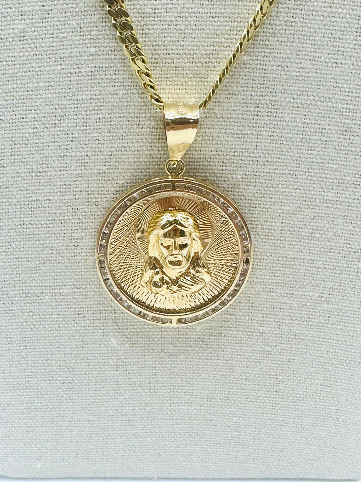 Cuban Link Chain with Jesus Medal Pendant in 14K Gold