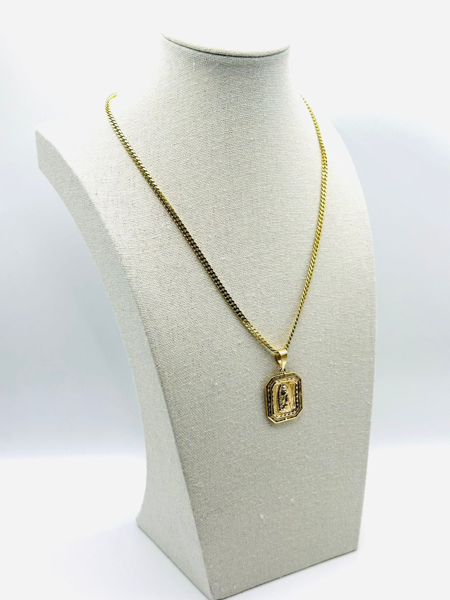 Cuban Link Chain with Square Virgin Medal Pendant in 14K Gold and CZ
