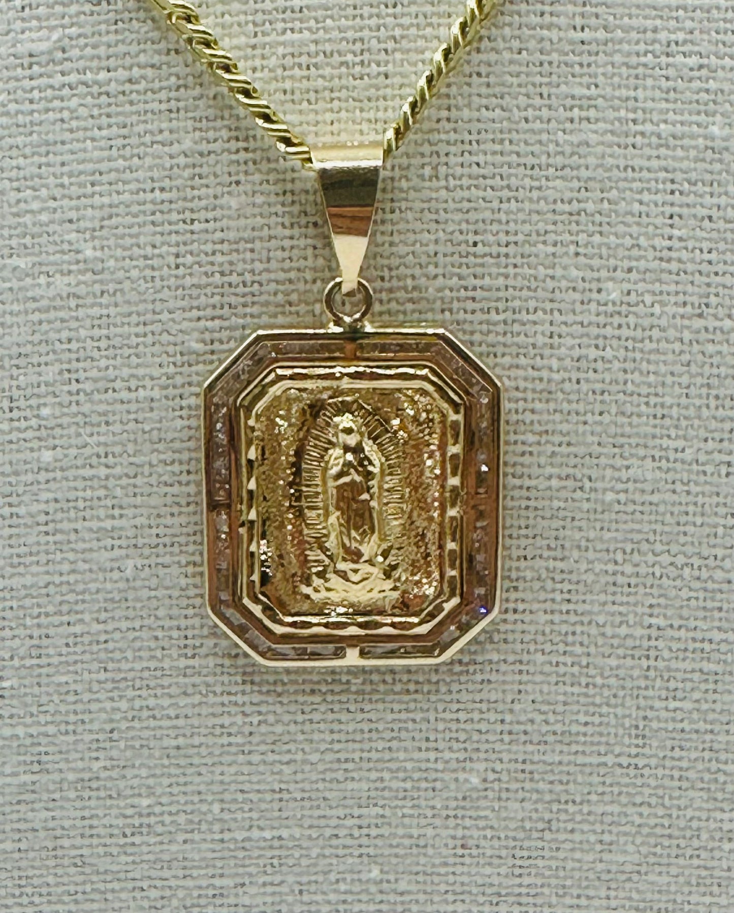 Cuban Link Chain with Square Virgin Medal Pendant in 14K Gold and CZ