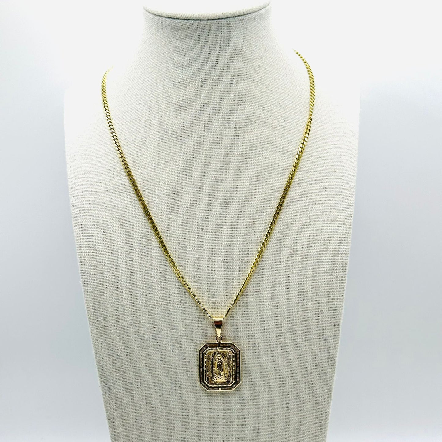 Cuban Link Chain with Square Virgin Medal Pendant in 14K Gold and CZ