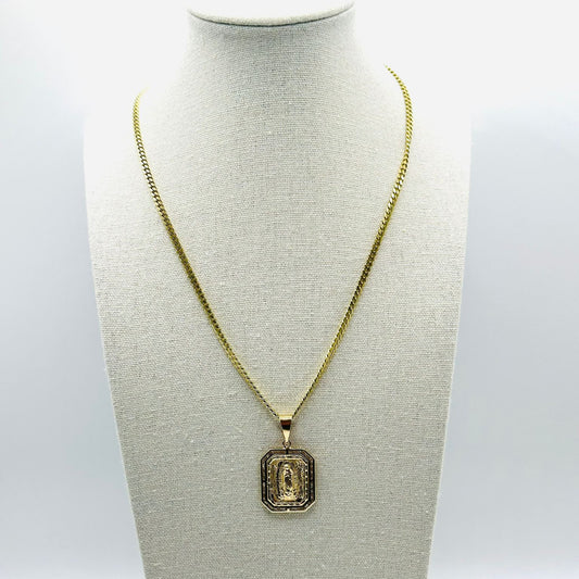 Cuban Link Chain with Square Virgin Medal Pendant in 14K Gold and CZ
