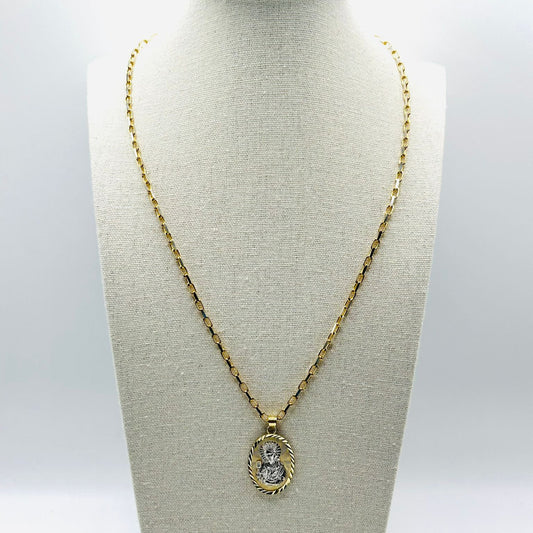 Elongated Box Link Chain with Oval Medal Jesus Pendant in 10K Gold