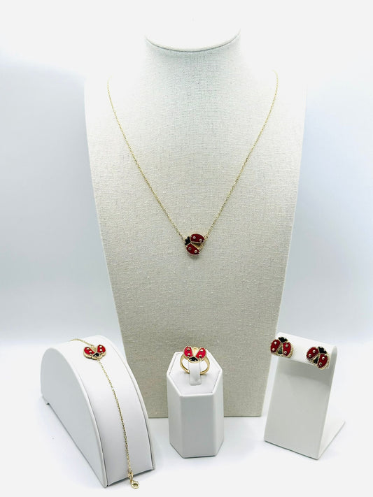 Lady Bug Jewelry Set in 14K Gold and Enamel