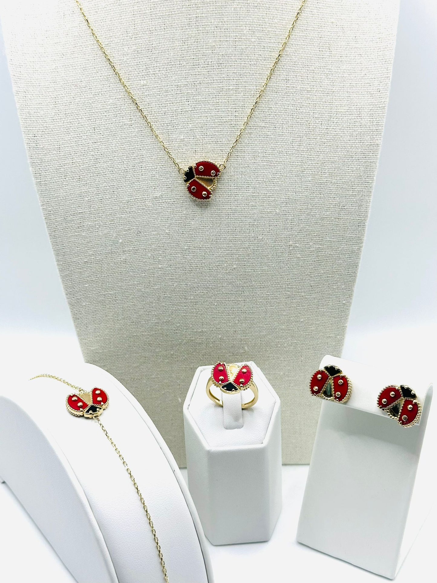 Lady Bug Jewelry Set in 14K Gold and Enamel