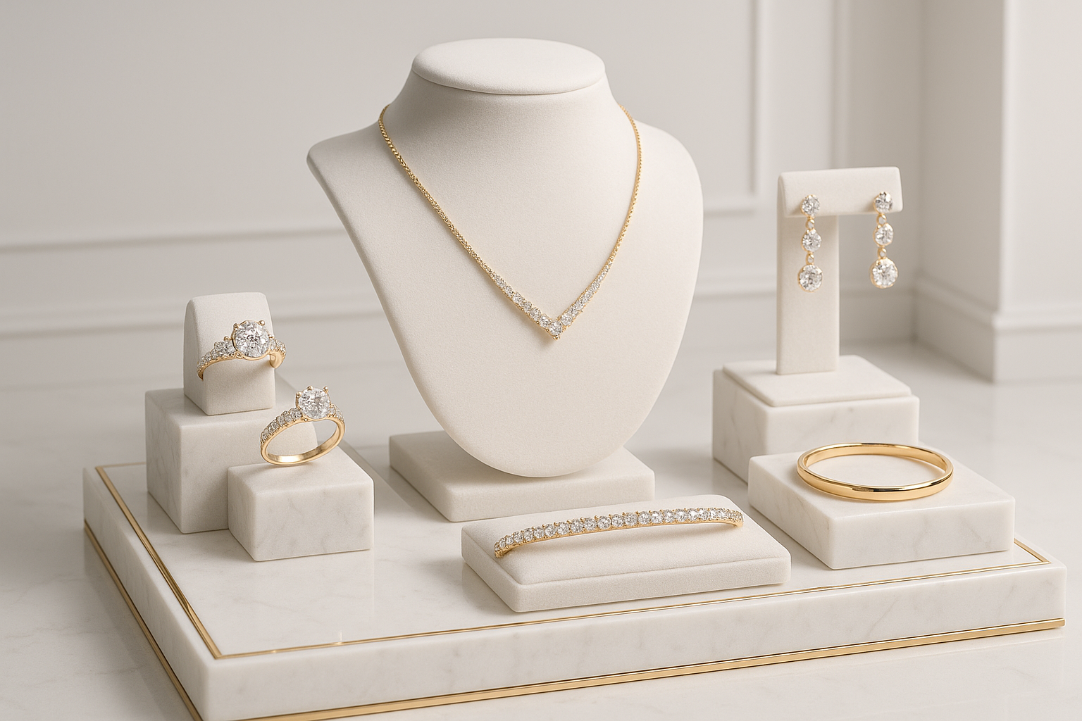 Jewelry showcase with gold and diamonds jewelry. Use mostly white color and gold accents