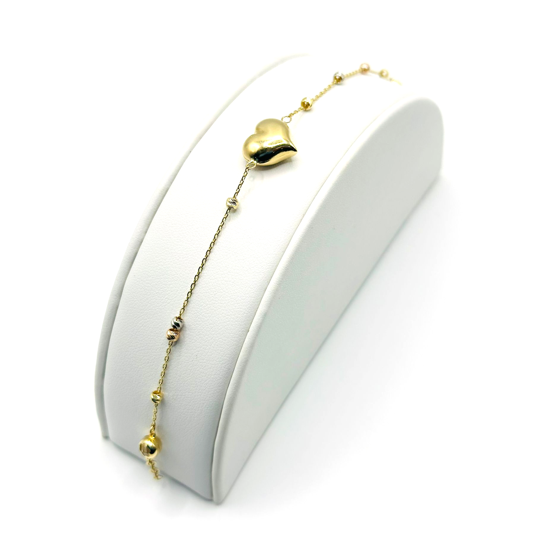 Puffy Heart with Beads Bracelet in 14K Gold
