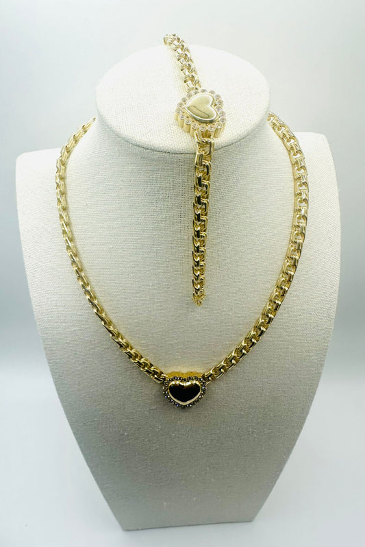 Chino Link Choker and Bracelet Set with Heart Pendant in 10K and CZ