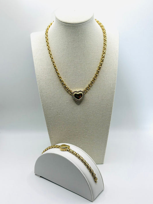 Chino Link Choker and Bracelet Set with Heart Pendant in 10K and CZ